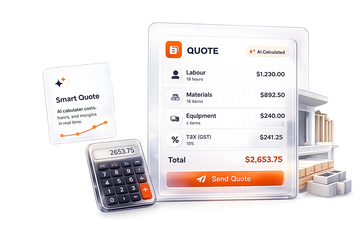 AI-powered quote breakdown showing labour, materials, equipment and total cost